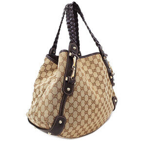Gucci Bag Brown Shoulder Horsebit Tote Handle GG Canvas Braided